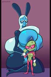 1boy 1boy1girl 1girls antennae bald big_ass big_breasts blue_diamond_(steven_universe) blue_eyes blue_hair blue_skin breasts_on_head bunnysuit color crossover crotch_plate giantess gooeyblob green_skin height_difference huge_breasts invader_zim irken long_hair pasties pink_eyes shirt_cuffs simple_background simple_shading size_difference skinny skinny_male skinsuit smaller_male smile steven_universe taller_girl three_fingers zim