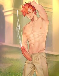 0vv0b 1boy arm_over_head cum dick ejaculation fire_emblem fire_emblem:_three_houses male_only muscular_male nintendo penis_through_fly pubic_hair sylvain_jose_gautier