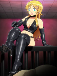 1boy 1girls 2d blonde_hair blue_eyes boots breasts cage caged choker cleavage dominatrix elbow_gloves enkaboots fang femdom full_body glint gloves high_heel_boots high_heels indoors kousaka_kirino large_breasts latex latex_gloves leather leather_suit ore_no_imouto_ga_konna_ni_kawaii_wake_ga_nai pointing sitting solo_focus studded_leather thigh_boots thighhighs