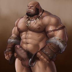 1boy 2020 5_fingers abs adios armband bald balls bara beard beefy belt big_muscles big_penis blizzard_entertainment body_hair brown_nipples dark_penis erection facial_hair fingerless_gloves fingers foreskin foreskin_folds genitals gloves handwear hi_res huge_muscles humanoid humanoid_genitalia humanoid_hands humanoid_penis intact jewelry male male_nipples male_only male_pubic_hair muscles muscular_humanoid muscular_male necklace nude_male ogrim orc orc_humanoid partially_retracted_foreskin pecs penis pointy_ears pubes scar simple_background solo tan_skin thick_penis tusks uncut veiny_muscles veiny_penis video_games warcraft yellow_eyes