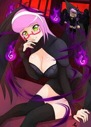 1girls ao1sweet aoitamon artist_signature background big_breasts black_clothing black_legwear black_sleeves black_thighhighs black_topwear black_wings breasts cleavage cleavage_cutout clothed clothed_female costume female female_only glasses green_eyes hairband halloween legwear long_sleeves looking_at_viewer pale-skinned_female pale_skin pink_hair purple_flame red_glasses roblox roblox_avatar sitting sleeves smile solo solo_female thighhighs thighs topwear white_hairband wings