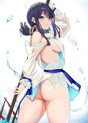 ass blue_hair cromwellb dat_ass fate/grand_order fate_(series) from_behind fully_clothed fundoshi hair_ornament japanese_clothes large_breasts looking_at_viewer medium_hair sideboob staff thong utsumi_erise