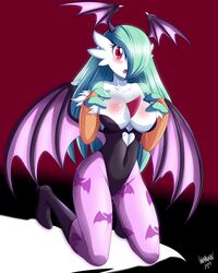 anthro clothing cosplay cosplay_gardevoir danmakuman darkstalkers gardevoir green_hair medium_breasts morrigan_aensland morrigan_aensland_(cosplay) pokémon_(species) pokemon pokemon_(species) white_skin