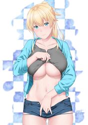 ass_visible_through_thighs bangs blonde_hair blue_jacket blue_shorts blush breasts closed_mouth collarbone cowboy_shot denim denim_shorts eyebrows_visible_through_hair female green_eyes grey_shirt hand_under_clothes hand_under_shorts jacket large_breasts lifted_by_self long_hair long_sleeves looking_at_viewer micro_shorts navel no_bra no_panties open_clothes open_jacket original ponytail shirt shirt_lift shorts signature smile solo underboob unpokotan