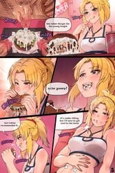 5_fingers blonde_hair burger comic cum cum_in_mouth cum_on_food eating_cum english_text fate_(series) food gokkun hand_on_own_stomach mordred_(fate) mr.takealook open_mouth ponytail tagme text tongue_out