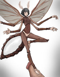 4_arms animal_humanoid antennae_(anatomy) anthro arthropod arthropod_abdomen arthropod_humanoid black_hair breasts brown_eyes dipteran dipteran_humanoid duo exoskeleton female footjob genitals hair hi_res humanoid insect_girl insect_humanoid insect_wings insects licking licking_lips male minigirl minigirl_on_penis monster_girl mosquito mosquito_humanoid multi_arm multi_limb navel nipples nude penis pussy short_hair simple_background skinny small_breasts small_waist solo_focus standing_on_penis straight syvaron tongue tongue_out wings