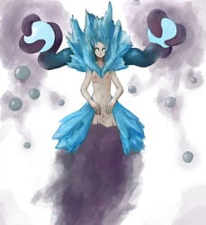 anthro blue_hair breasts elemental_creature elemental_humanoid female genitals hair hi_res humanoid ice ice_creature ice_hair ice_humanoid legless looking_at_viewer mineral_fauna mineral_humanoid navel nipples nude presenting presenting_pussy pussy small_breasts solo spread_pussy spreading syvaron white_eyes