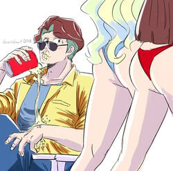 1boy 2018 2girls akko_kagari andrew_hanbridge bikini bikini_bottom blush butt deanialsart diana_cavendish fanart female holding holding_object little_witch_academia male male_focus pixiv spilled_drink staring_at_ass studio_trigger sunglasses watermark white_background