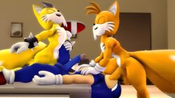 16:9 3d absurd_res anal anthro balls canid canine clothing digital_media_(artwork) footwear fox genitals group group_sex handwear hi_res male male/male mammal miles_(anti-tails) mostly_nude oral penis raised_leg sex sonic_(series) sonic_the_hedgehog sonicfoxhound source_filmmaker spitroast tails widescreen