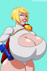 1girls alien_human alien_look_like_human bananacreamcake big_breasts cleavage curvy curvy_body dc dc_comics female female_only huge_breasts milf pinup power_girl solo thick_thighs transmorpher_dds