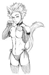 2021 bell_collar black_and_white blush cat_ears cat_tail catboy collar femboy girly gloves hitoshi_shinso male male_only monochrome my_hero_academia nekomimi nya_pose panties sketch solo solo_male teratsuki thighhighs