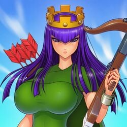 1girls akiranime archer archer_queen_(clash_of_clans) big_breasts clash_(series) clash_of_clans clash_royale clothed clothed_female clothing crossbow crown female female_only fully_clothed fully_clothed_female hair_between_eyes huge_breasts large_breasts looking_at_viewer purple_eyes purple_hair solo tagme weapon