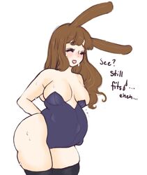 1girls big_breasts breasts female female_only fetal_movement huge_belly large_breasts pregnant purinpaw rabbit_humanoid ready_to_pop skindentation solo text thick_thighs thighhighs