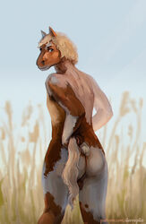 2020 ass blonde_hair brown_body devergilia equid equine hair horse human male mammal outside presenting presenting_hindquarters short_hair smile solo species_transformation transformation