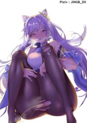 female_only genshin_impact hairpin jingb_dx keqing_(genshin_impact) no_shoes pantyhose peeing pixiv purple_hair pussy solo_female twintails uncensored urination urine