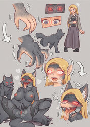 <3_eyes 1girls 2020 ambiguous_gender anthro big_breasts black_body black_fur blonde_hair bodily_fluids breast_expansion breasts c-3matome canid canine canis clothed_to_nude clothing dress drooling duo female female_focus feral footwear fur furry genital_fluids genitals glowing glowing_eyes grey_body grey_fur hair heart hi_res holding_object holding_phone human human_to_anthro inner_ear_fluff jacket mammal mind_control open_mouth pawpads phone pussy pussy_juice red_eyes saliva sequence shirt shoes smile solo_focus species_transformation spiral_eyes spread_legs spreading standing surprise thick_thighs topwear torn_clothing transformation tuft werewolf werewolf_girl wolf wolf_ears wolf_girl wolf_tail