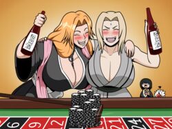 1boy 3girls alcohol bangs black_hair bleach blush bottle breasts busty chains cleavage closed_eyes clothed clothed_female clothing crossover drunk embarrassed facial_mark female forehead_mark fully_clothed gambling holding_object huge_breasts imightbemick lipstick long_hair makeup male matsumoto_rangiku mole mole_under_mouth naruto necklace orange_hair playing shizune smile straight toshiro_hitsugaya tsunade white_hair