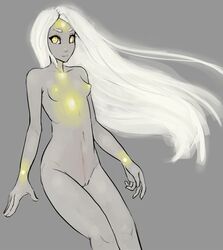 air_creature air_humanoid bioluminescence breasts collarbone elemental_creature elemental_humanoid female genitals glowing grey_body hair hi_res humanoid long_hair looking_at_viewer monster_girl navel nipples nude pussy simple_background small_breasts solo syvaron translucent white_hair yellow_eyes