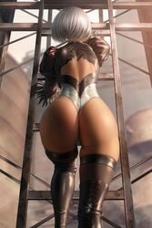 1girls absurdres ass back_cutout big_ass boots climbing clothing_cutout cloud.d curvy dat_ass feather-trimmed_sleeves female female_only from_behind highleg highleg_leotard highres juliet_sleeves ladder large_ass leotard long_sleeves lower_body nier nier:_automata nier_(series) puffy_sleeves solo solo_female thick_thighs thigh_boots thighhighs thighhighs_under_boots thighs thong white_hair white_leotard white_thong yorha_2b