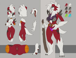 anthro ass blue_eyes breasts clothed clothing fangs female fluffy fluffy_tail fur genitals green_eyes hair holding_object holding_weapon link2004 lycanroc midnight_lycanroc model_sheet nintendo nipples open_mouth open_smile panties partially_clothed pokémon_(species) pokemon pussy red_body red_fur scar smile solo tongue tongue_out underwear video_games weapon white_body white_fur white_hair