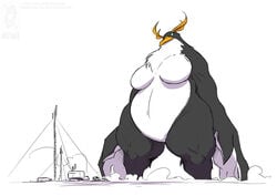 2020 anthro avian big_breasts bird black_feathers breasts crested_penguin dust_cloud empty_eyes feathers featureless_breasts female giantess jolly_jack jollyjack kaiju non-mammal_breasts original penguin solo tagme white_feathers