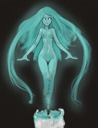 blue_body blue_hair breasts candle crotch_lines elemental_creature elemental_humanoid female fire fire_creature fire_girl genitals hair hi_res humanoid long_hair looking_at_viewer monster_girl navel nipples nude pussy small_breasts small_waist smoke_girl solo syvaron wax_girl white_eyes