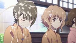 2girls blush brown_eyes brown_hair closed_eyes clothed cum cum_in_hair cum_on_clothes cum_on_face edit hanasaku_iroha japanese_clothes kimono matsumae_ohana multiple_girls oshimizu_nako screencap short_hair