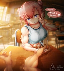 1futa abs biceps big_breasts clothed domination eyebrows_visible_through_hair futa_only futadom futanari hair_bun hair_buns hair_ornament hand_gesture malesub megumi_amano_(muchin) muchin muscle muscles muscular muscular_arms muscular_futanari purple_eyes smug smug_face smug_grin sportswear tight_clothing