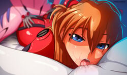 ass asuka_langley_sohryu big_ass clothing cunnilingus cunnilingus_through_clothes female female_pov hirume looking_at_viewer mari_illustrious_makinami neon_genesis_evangelion open_mouth oral plugsuit pov pussy rebuild_of_evangelion rei_ayanami threesome tongue tongue_out yuri