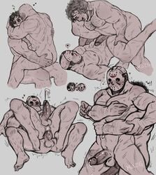 2boys anal anal_sex bald balls ballsack bara boner buff curly_hair erect_penis erection friday_the_13th gay hockey_mask jason_voorhees leatherface love_heart male male/male male_nipples male_only male_penetrating_male masked monochrome mozgistired muscular_male nipple_tweak nude nude_male tagme texas_chainsaw_massacre veiny_penis