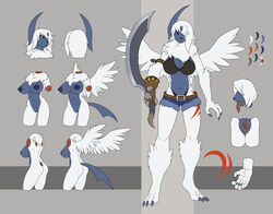 absol anthro ass blue_body breasts claws fangs female fur genitals hi_res holding_object holding_weapon horn link2004 model_sheet multicolored_body nintendo nipples open_mouth pokémon_(species) pokemon pokemon_(species) pussy red_eyes simple_background solo tongue tongue_out two_tone_body video_games weapon white_body white_fur wings