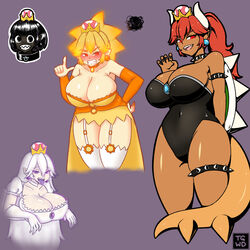 4girls angry angry_sun angry_sunette big_breasts black_hair black_skin blonde_hair boosette bowsette breasts brooch chain_chomp chompette cleavage collar crown dark-skinned_female dark_skin dress earrings elbow_gloves eyebrows_visible_through_hair female female_only fingerless_gloves garter_belt garter_straps gloves large_breasts long_hair mario_(series) multiple_girls new_super_mario_bros._u_deluxe nintendo pale_skin ponytail purple_eyes red_bowsette red_eyes red_hair rule_63 short_hair spiked_collar super_crown tail teeth that-girl-whodraws thick_thighs thighhighs thighs tongue tongue_out white_hair white_thighhighs