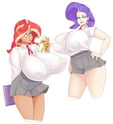 2girls areolae banana banana_breasts big_breasts breasts cleavage equestria_girls erect_nipples female female_only friendship_is_magic huge_breasts human humanized hyper_breasts large_breasts my_little_pony rarity_(mlp) rocket_tits smooth_skin sunnysundown sunset_shimmer thick_thighs wide_hips