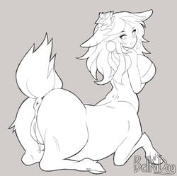 1girls anus ass belka_dog big_ass big_breasts breasts centaur cuccoking deer_taur female female_only large_breasts league_of_legends lillia_(league_of_legends) looking_at_viewer looking_back monochrome pussy solo taur