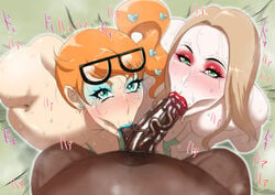 1boy 2girls :>= areolae ball_sucking big_penis blush breasts dark-skinned_male dark_skin earrings eyewear_on_head female glasses glasses_on_head heart-shaped_pupils interracial large_penis licking long_hair looking_at_viewer naked nintendo oleana_(pokemon) pokemon pokemon_ss ponytail pubic_hair pubic_hair_in_mouth pubic_hair_peek saliva side_ponytail sonia_(pokemon) stray_pubic_hair sweat tongue_out ugly veiny_penis zxcv