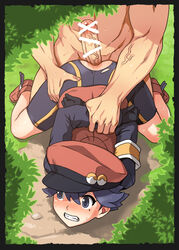 1boy arms_behind_back bangs bar_censor black_gloves black_hair blush breasts censored clenched_teeth clothed_female_nude_male commentary_request day denki_shougun denkishowgun erection eyelashes female gay gloves grass grey_eyes hat highres human light-skinned_female light_skin mole mole_under_eye npc_trainer nude outdoors penis pokemon pokemon_masters pokemon_ranger_(pokemon) pokemon_ranger_(pokemon_masters) rape shoes solo_focus sweat teeth torn_clothes veins veiny_penis yaoi