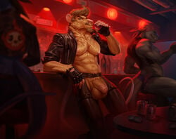 5_fingers abs alcohol anthro athletic athletic_anthro athletic_male balls bandana bar_counter beard ben300 beverage big_balls bottle brown_body brown_fur brown_hair character_request cheek_tuft cigarette claws clothed clothing counter crotch_tuft drinking facial_hair facial_tuft finger_claws fingers flaccid foreskin fur genitals glass gloves goatee group hair handwear humanoid_genitalia humanoid_penis inside jacket kaptain_spicy kerchief leather leather_jacket long_tail looking_at_viewer male male_only mammal murid murine muscular muscular_anthro muscular_male navel nipples original original_character partially_clothed pecs penis pink_nose rat rat_tail red_bandanna red_kerchief red_light rodent spiked_gloves spikes topwear tuft vein veiny_penis were wererat wererodent white_claws