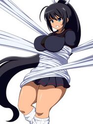 big_breasts black_hair bondage fully_clothed green_eyes homura_(senran_kagura) okra_sticky pussy_sweat senran_kagura skirt sweatdrop thigh_high_socks web_bondage white_background