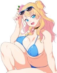 1girls 5_fingers :d asymmetrical_hair belly bikini blonde_hair blue_bikini blue_eyes blush breast_press breasts choker cleavage eyewear_on_head fat_folds female female_only female_protagonist fingernails flower flower_in_hair galko gyaru hair hair_ribbon human large_breasts long_fingernails long_hair looking_at_viewer nail_polish navel one_side_up onsoku_inu open_mouth oshiete!_galko-chan plump png ribbon scrunchie side_bun smile solo string_bikini sunglasses swimsuit transparent_background