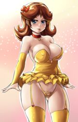 1girls ass_visible_through_thighs big_breasts blue_eyes blush breasts bridal_gauntlets brown_hair cleavage clothing elbow_gloves female female_only garter_straps gloves hair_ribbon hairband large_breasts leonart lipstick looking_at_viewer mario_(series) medium_hair nintendo panties princess_daisy simple_background solo standing thick_thighs thighhighs thighs underwear yellow_panties