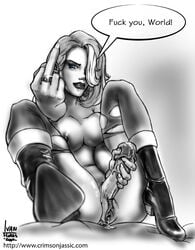 1futa anus blue_eyes breasts captain_planet_and_the_planeteers crimsonjassic dialogue doctor_blight english_text flipping_off futa_only futa_sans_balls futanari hair_over_one_eye heels high_heels jumpsuit medium_hair middle_finger monochrome navel nipples nude nude_futanari nudity precum precum_drip puckered_anus pussy ring_(jewelry) smirk solo solo_futa veiny_penis vulva