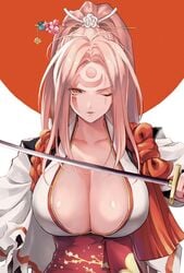 amputee baiken cleavage facial_tattoo female guilty_gear huge_breasts jako_(toyprn) japanese_clothes katana long_hair looking_at_viewer pink_hair ponytail scar_across_eye