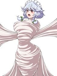 1girls bound green_bow hair_bow maid_headdress medium_hair okra_sticky open_mouth red_eyes restrained sakuya_izayoi silver_hair simple_background slime slime_monster solo stuck touhou twin_braids v-shaped_eyebrows web_bondage white_background white_hair