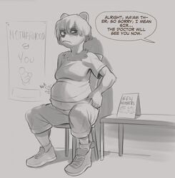 1girls anthro female frick-frack furry hospital monochrome mustelid pregnant pregnant_female small_breasts tagme text text_bubble