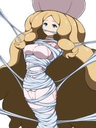 1girls blonde_hair blue_eyes bodysuit bondage bound bound_arms bound_legs breasts covered_breasts covered_mouth female gag gagged helpless large_hair okra_sticky restrained solo tied_up very_long_hair web_bondage web_gag white_bodysuit