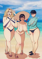 3girls bare_legs beach bikini bikini_bottom black_bikini blush bocas_top breasts butcherboy female large_breasts no_pants original original_character sea short_hair thick_thighs turtleneck wide_hips