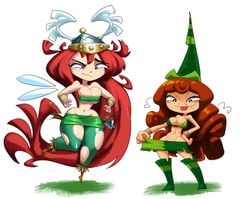 2girls barbara_(rayman) betilla_(rayman) breasts clothing female female_only footwear headgear headwear helmet huge_breasts human long_hair minus8 nipple_bulge nymph_(rayman) outerwear outfit_swap pale_skin rayman_(series) rayman_legends rayman_origins red_hair