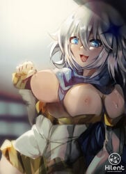 1girls aged_up alternate_breast_size areolae big_breasts blue_eyes breasts breasts_out eye_contact female genshin_impact hilent looking_at_viewer medium_hair nipples paimon_(genshin_impact) silver_hair sweat