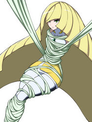 blonde_hair bondage fully_clothed green_eyes long_hair lusamine_(pokemon) milf okra_sticky pokemon pokemon_sm spider_web white_background