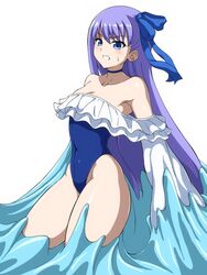 blue_eyes bodysuit collar fate/extra fate/extra_ccc fate/grand_order fate_(series) female female_only fully_clothed hair_ribbon lavender_hair meltryllis meltryllis_(swimsuit_lancer)_(fate) okra_sticky one-piece_swimsuit slime small_breasts stuck swimsuit worried